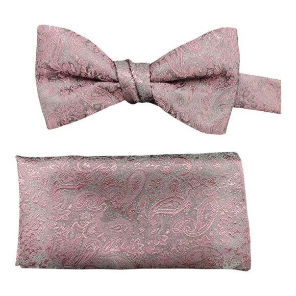 MEN'S LARR BRIO SIMPLY SOLID GARNETT PAISLEY BOW TIE & POCKET SQUARE SET. - Picture 2 of 3